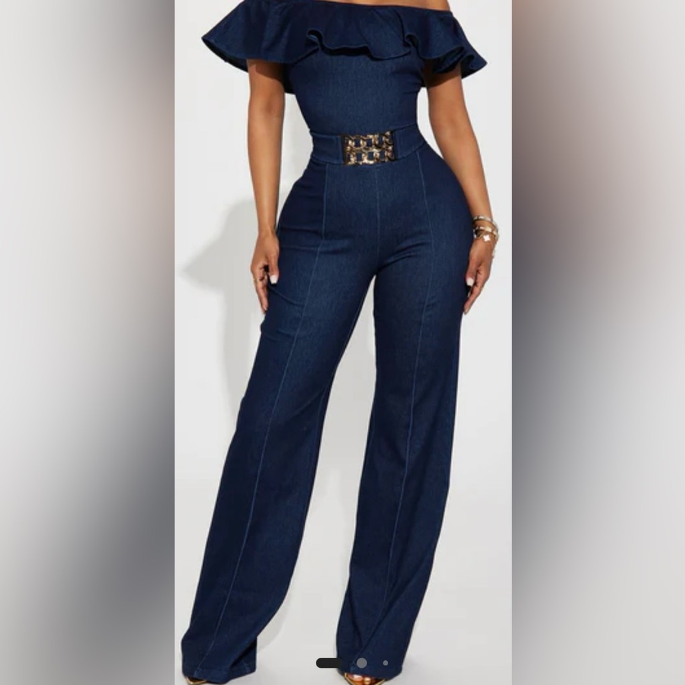 Fashion Nova Blue Off-Shoulder Denim Jumpsuit